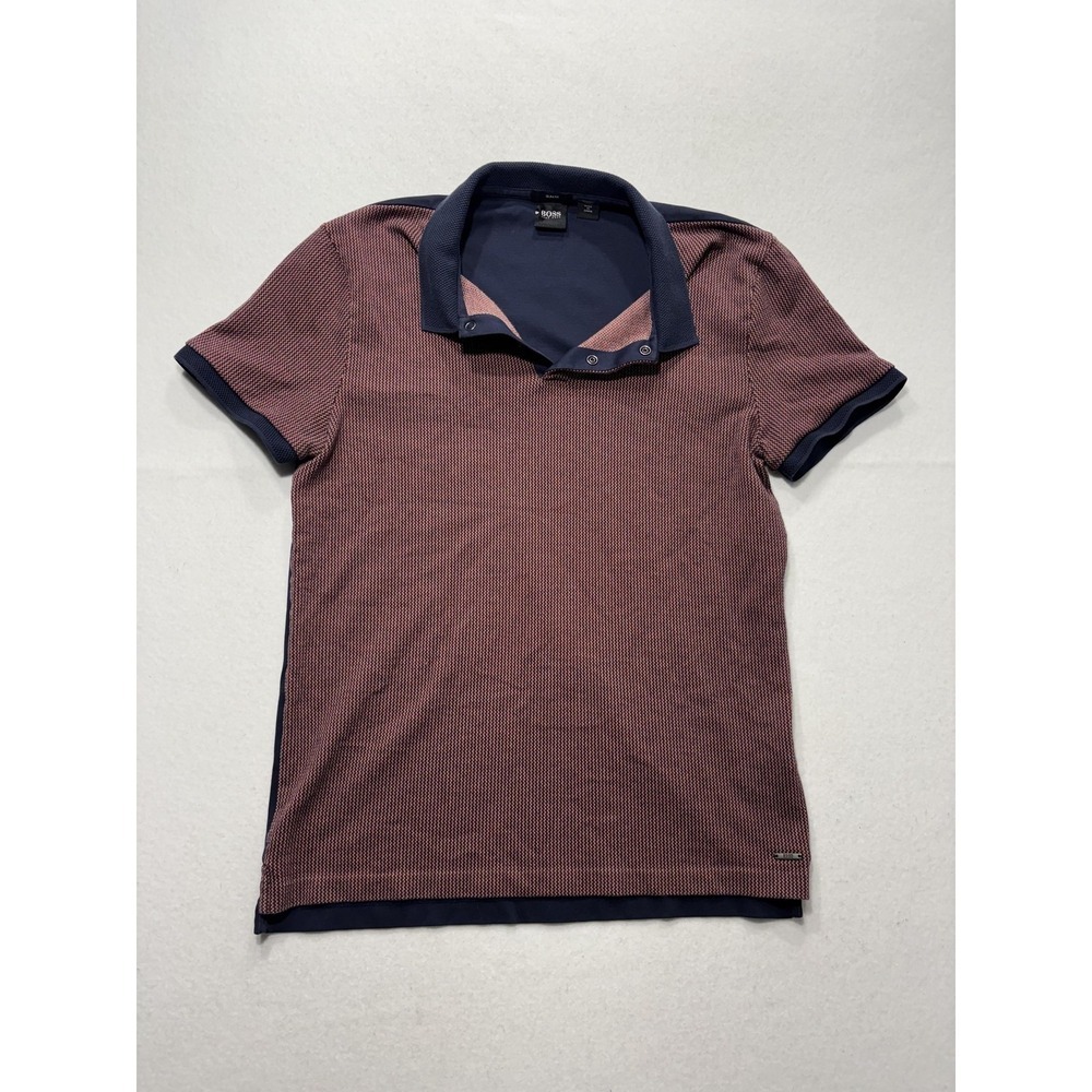 Hugo Boss Polo Shirt Mens Medium Blue Slim Fit Geometric Knit Short Sleeve